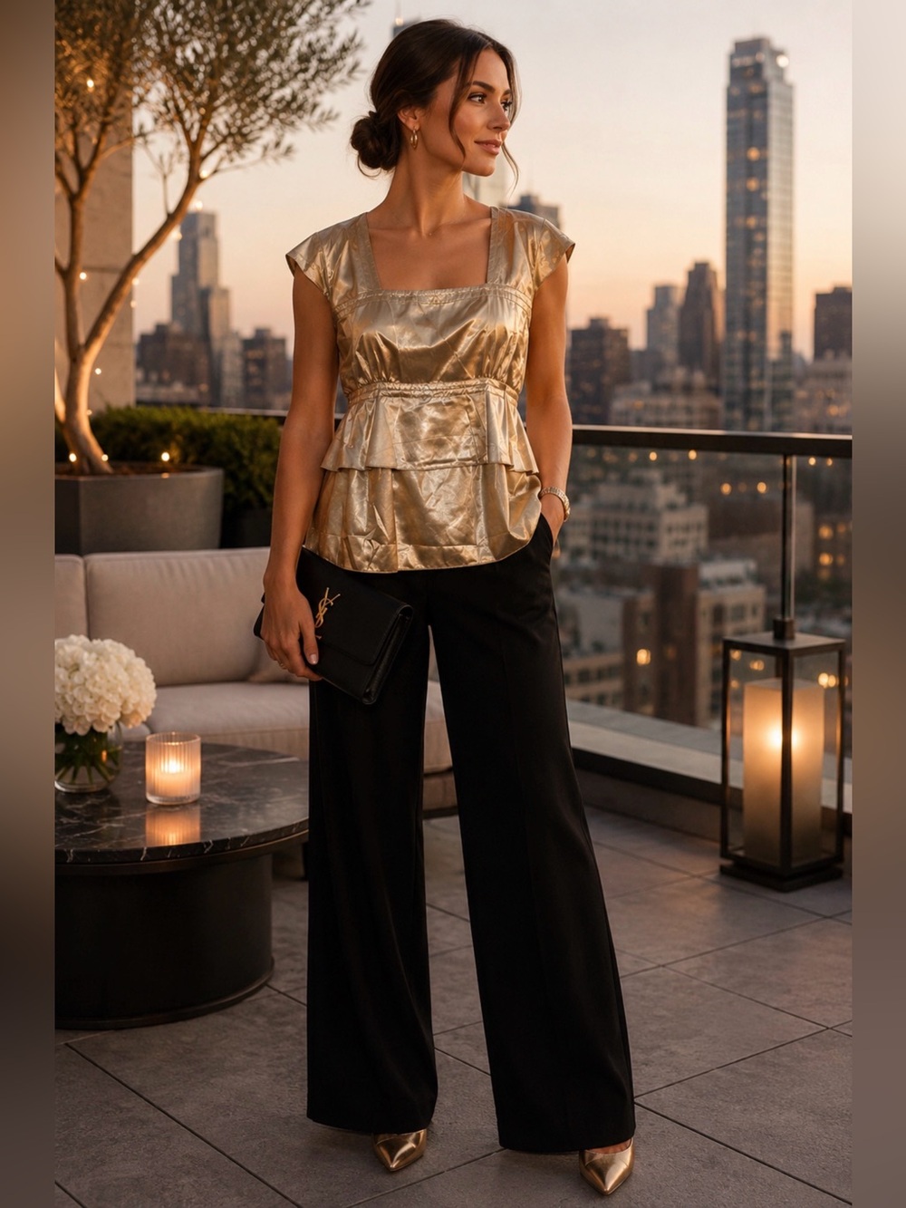Pringle 815 Scotland Metallic Champagne Peplum Blouse Top Size US 6 UK 10